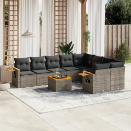 Set de sofás de jardín 10 pzas con cojines ratán sintético gris