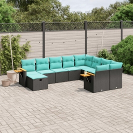 Set de sofás de jardín 10pzas con cojines ratán sintético negro