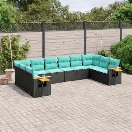 Set de sofás de jardín 10pzas con cojines ratán sintético negro