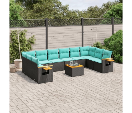 Set de sofás de jardín 11 pzas y cojines ratán sintético negro