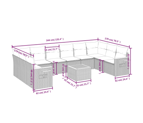 Set de sofás de jardín 11pzas con cojines ratán sintético beige
