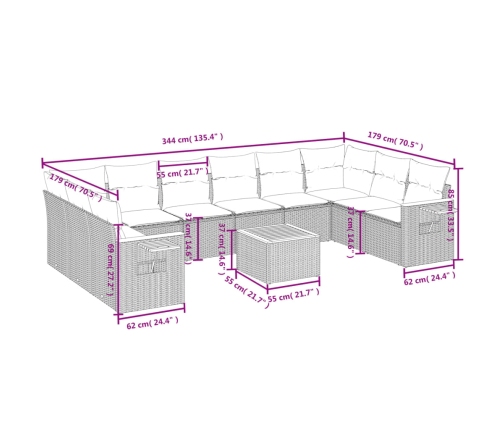Set de sofás de jardín 11pzas con cojines ratán sintético beige