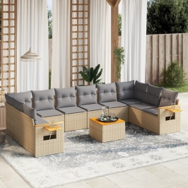 Set de sofás de jardín 11pzas con cojines ratán sintético beige