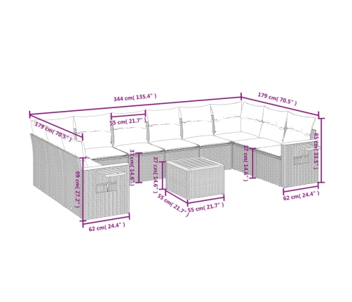 Set de sofás de jardín 11 pzas y cojines ratán sintético gris