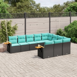 Set de sofás de jardín 10pzas con cojines ratán sintético negro
