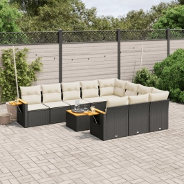 Set de sofás de jardín 11 pzas y cojines ratán sintético negro