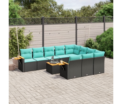 Set de sofás de jardín 11 pzas y cojines ratán sintético negro