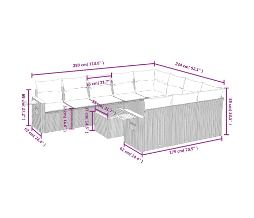 Set de sofás de jardín 11pzas con cojines ratán sintético beige