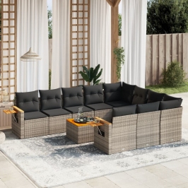Set de sofás de jardín 11 pzas y cojines ratán sintético gris