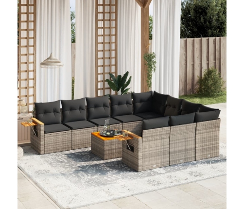 Set de sofás de jardín 11 pzas y cojines ratán sintético gris
