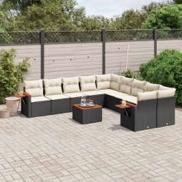 Set de sofás de jardín 11 pzas y cojines ratán sintético negro