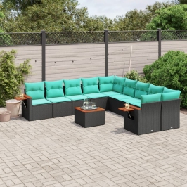 Set de sofás de jardín 11 pzas y cojines ratán sintético negro