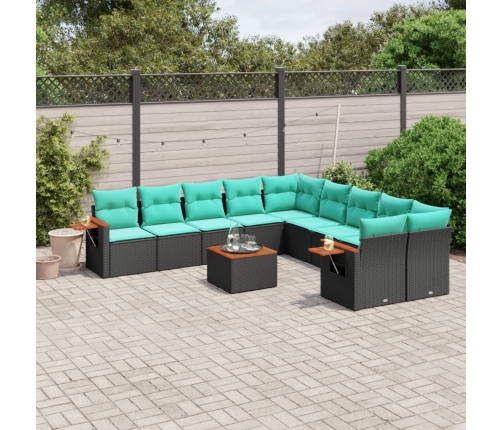 Set de sofás de jardín 11 pzas y cojines ratán sintético negro