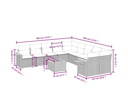 Set de sofás de jardín 11pzas con cojines ratán sintético beige