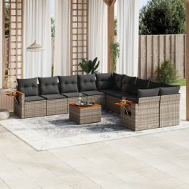 Set de sofás de jardín 11 pzas y cojines ratán sintético gris