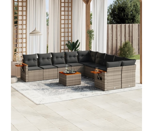 Set de sofás de jardín 11 pzas y cojines ratán sintético gris