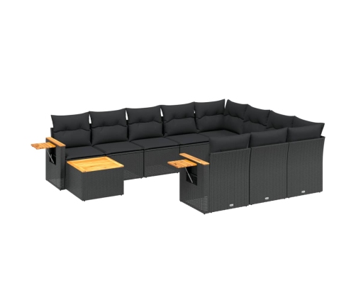 Set de sofás de jardín 11 pzas y cojines ratán sintético negro