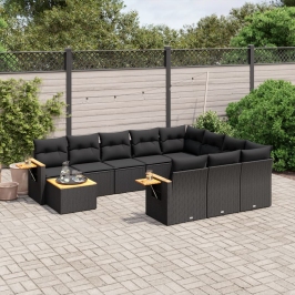 Set de sofás de jardín 11 pzas y cojines ratán sintético negro