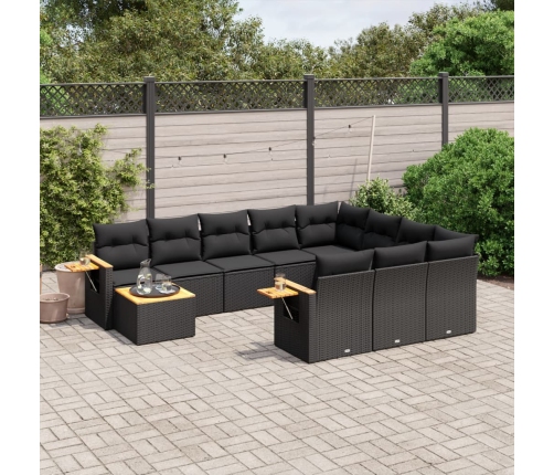 Set de sofás de jardín 11 pzas y cojines ratán sintético negro
