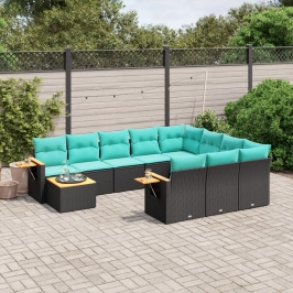 Set de sofás de jardín 11 pzas y cojines ratán sintético negro