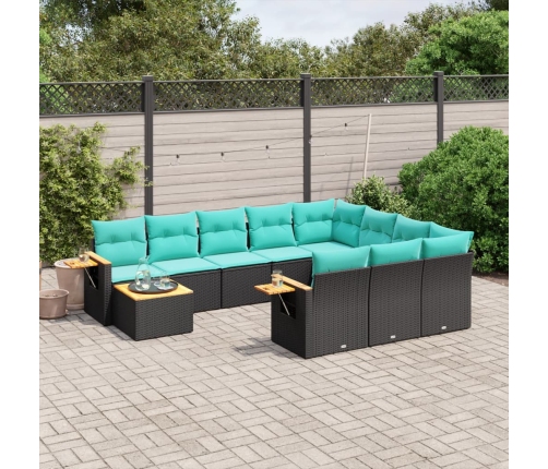 Set de sofás de jardín 11 pzas y cojines ratán sintético negro