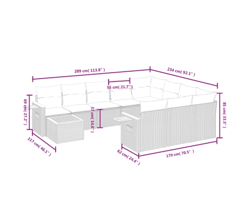 Set de sofás de jardín 11pzas con cojines ratán sintético beige