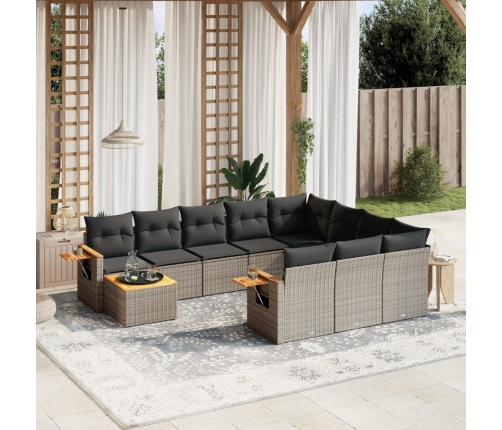 Set de sofás de jardín 11 pzas y cojines ratán sintético gris