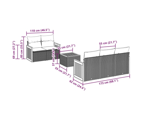 Set de muebles de jardín 6 pzas y cojines ratán sintético gris