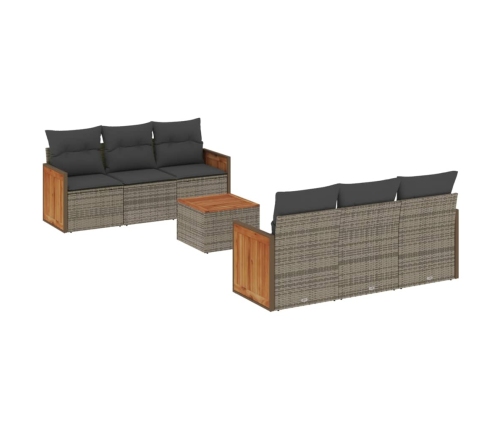 Set de sofás de jardín 7 piezas con cojines ratán PE gris