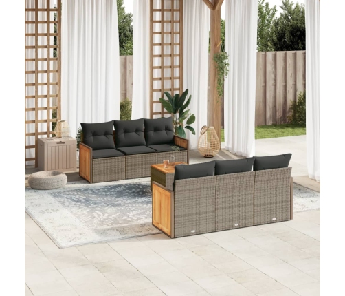 Set de sofás de jardín 7 piezas con cojines ratán PE gris