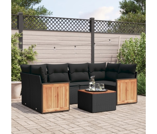 Set de comedor de jardín 7 pzas y cojines ratán sintético negro