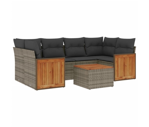 Set de sofás de jardín 7 piezas con cojines ratán PE gris