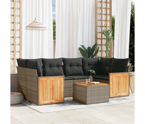 Set de sofás de jardín 7 piezas con cojines ratán PE gris