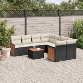 Set de sofás de jardín 8 piezas y cojines ratán sintético negro