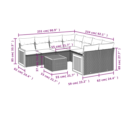 Set de sofás de jardín 9 pzas con cojines ratán sintético beige