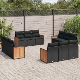 Set de sofás de jardín 12 piezas cojines ratán sintético negro