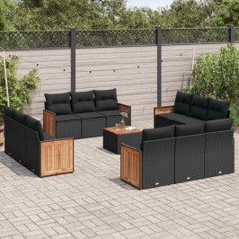 Set de sofás de jardín y cojines 13 pzas ratán sintético negro