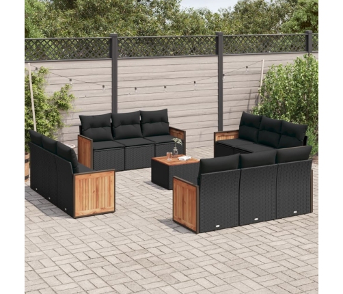 Set de sofás de jardín y cojines 13 pzas ratán sintético negro