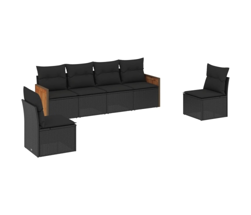 Set de sofás de jardín 6 piezas y cojines ratán sintético negro