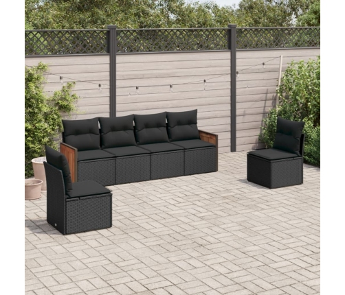 Set de sofás de jardín 6 piezas y cojines ratán sintético negro