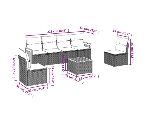 Set de comedor de jardín 7 pzas y cojines ratán sintético negro