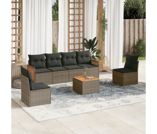 Set de sofás de jardín 7 piezas con cojines ratán PE gris