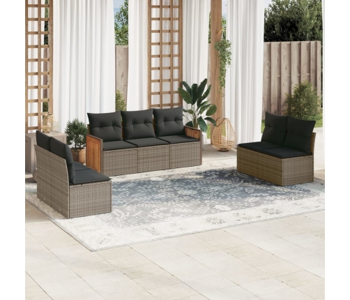 Set de sofás de jardín 7 piezas con cojines ratán PE gris