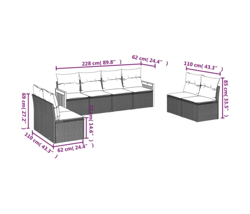 Set de sofás de jardín 8 pzas y cojines ratán sintético gris