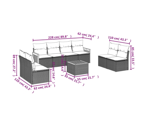 Set de muebles de jardín 9 pzas y cojines ratán sintético gris