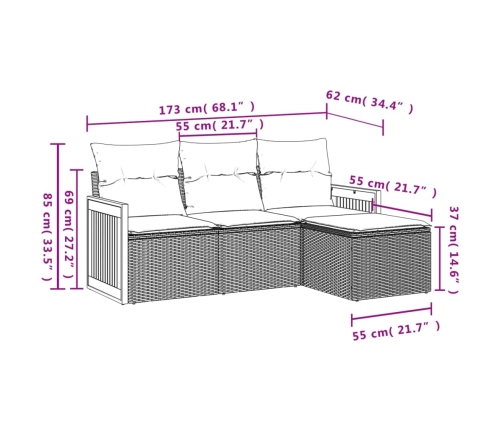 Set de sofás de jardín 4 pzas y cojines ratán sintético gris