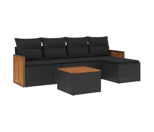 Set de sofás de jardín 6 piezas y cojines ratán sintético negro
