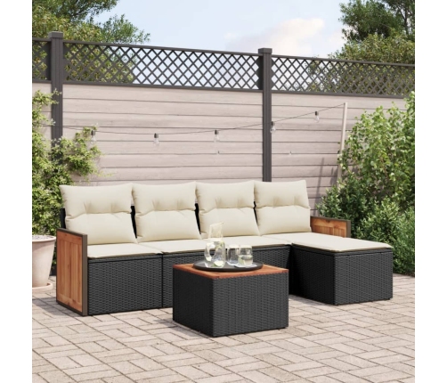 Set de sofás de jardín 6 piezas y cojines ratán sintético negro