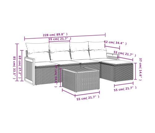 Set de muebles de jardín 6 pzas y cojines ratán sintético gris