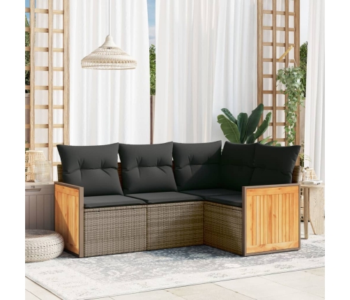 Set de sofás de jardín 4 pzas y cojines ratán sintético gris